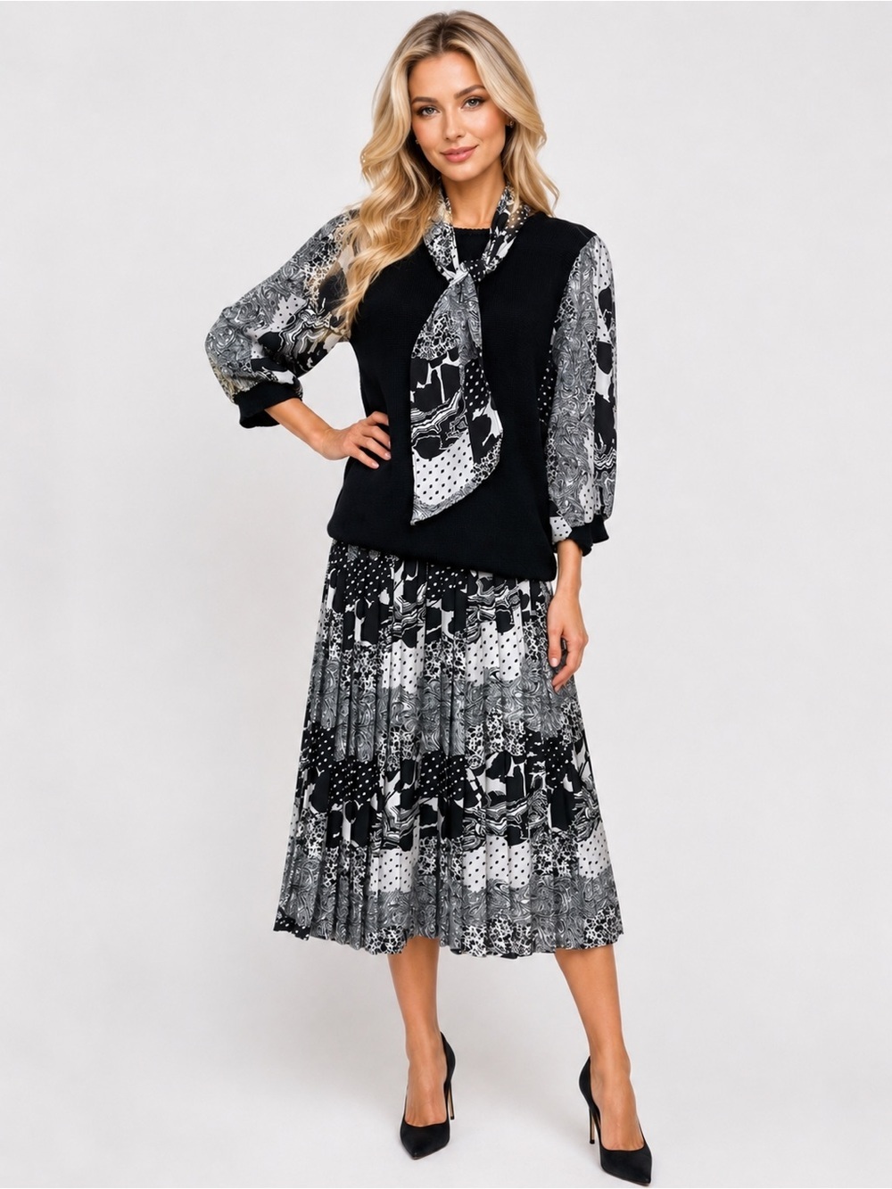 Andrea Gayle Womens Size Medium Black White Pleated Midi Skirt Top Scarf Set